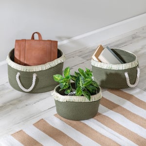 Olive Green Nesting Cotton Rope Baskets with Fringe (Set of 3)