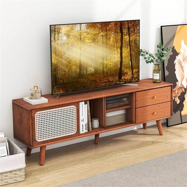 Costway Brown TV Stand Fits TVs up to 65 in. with PE Rattan Door