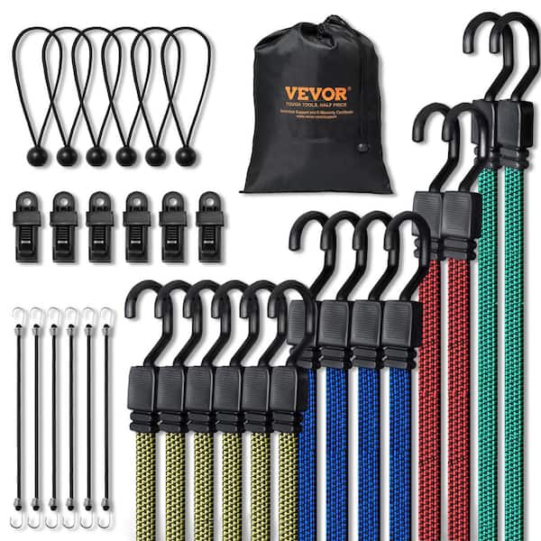 32 Piece Flat Bungee Cord Set, 17 mm Heavy Duty Bungee Straps with A3 Steel J-Hooks, Includes 10in., 18in., 24in., 32in.