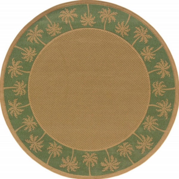 Beige 8 ft. x 8 ft. Loomed Border Polypropylene Round Indoor/Outdoor Area Rug