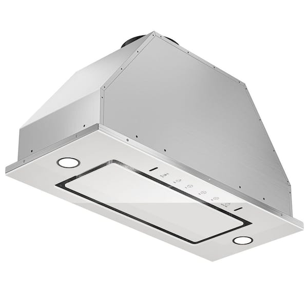 28 in. 900 CFM Ductless Convertible Insert Range Hood in Stainless Steel with White Glass, Carbon Filters, LED Lights