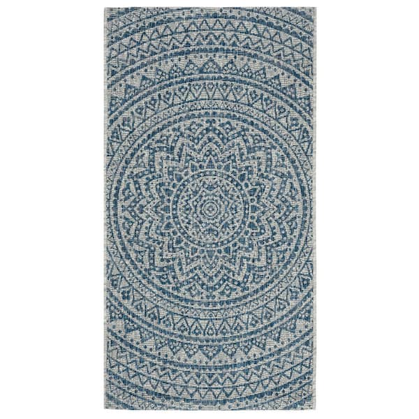SAFAVIEH Courtyard Light Gray/Blue Doormat 3 ft. x 5 ft. Border Indoor/Outdoor Patio Area Rug