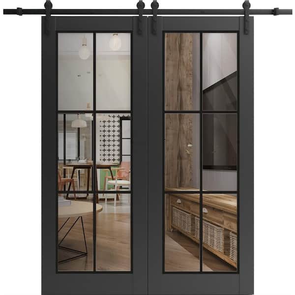 32 in. x 84 in. 2 Panel Clear Glass Black Matte Solid Wood Sliding Barn Door with Hardware Kit