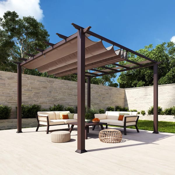 Florence 11 ft. x 11 ft. Wood Grain Aluminum Pergola in Chilean Ipe and Cocoa Convertible Canopy