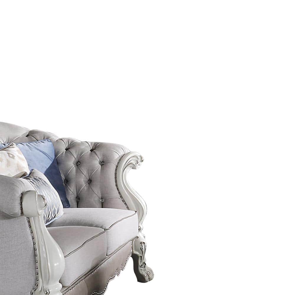 Bone White Faux Leather Tufted Sofa with Ottoman