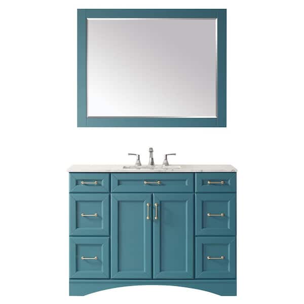 ROSWELL Naples 48 in. Bath Vanity in Green with Carrara Marble Vanity Top in White with White Basin and Mirror