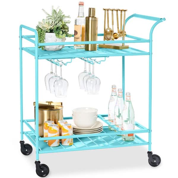 Best Choice Products 2-Tier Teal Outdoor/Indoor Metal Bar Serving Cart with Storage Shelves and Lockable Wheels