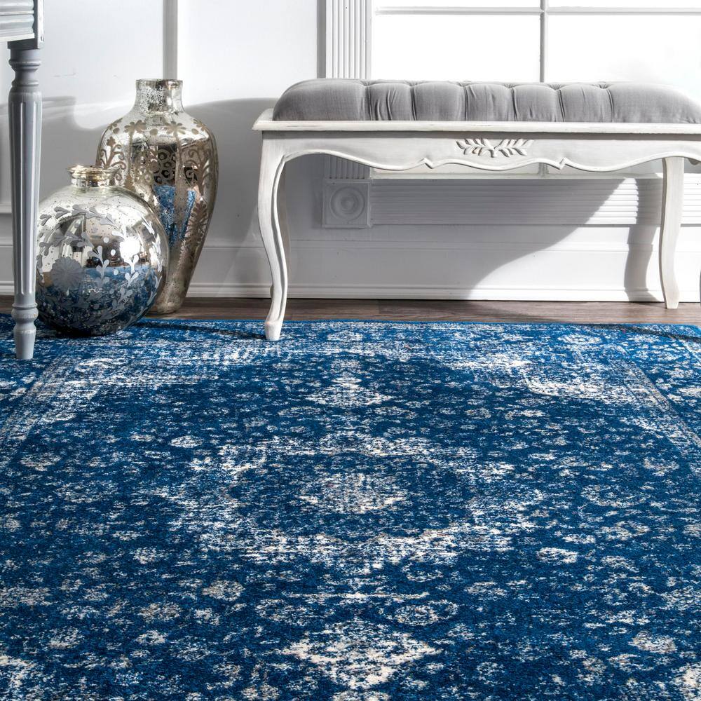 Dark Blue Medallion Synthetic Square Area Rug 8' x 8'