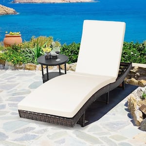 Foldable Rattan Patio Chaise Lounge Chair with 5 Back Positions White Cushion