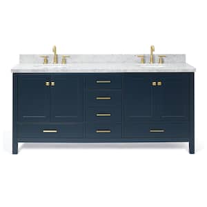 Cambridge 73 in. W x 22 in. D x 36 in. H Vanity in Midnight Blue with Carrara White Marble Top