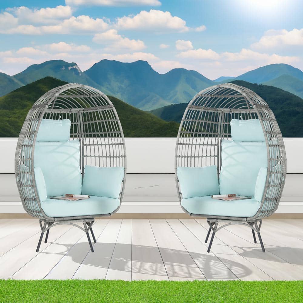 2-Pieces Patio Wicker Swivel Egg Chair, Oversized Indoor Outdoor Egg Chair,