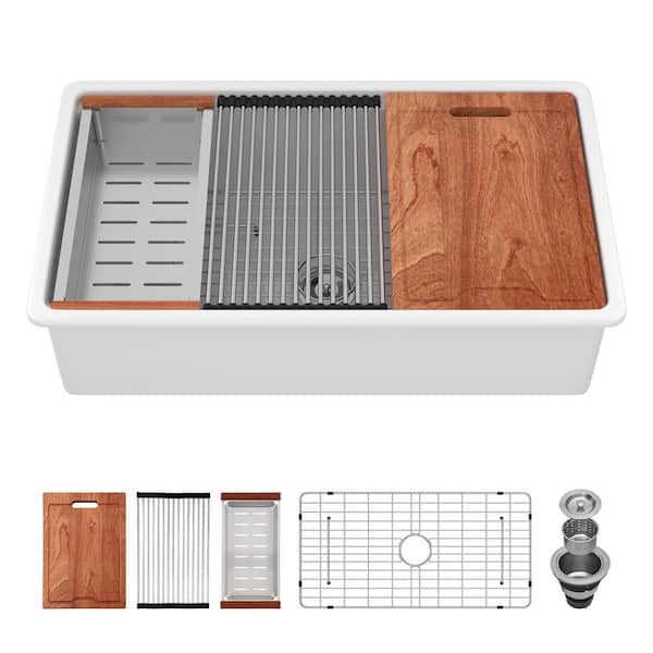 33 in. Undermount Single Bowl White Porcelain Ceramic Workstation Kitchen Sink with Bottom Grid and Strainer