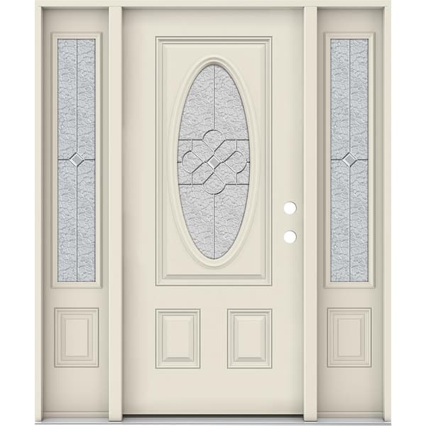 JELD-WEN 60 in. x 80 in. Left-Hand 3/4 Oval Brevard Decorative Glass Primed Fiberglass Prehung Front Door w/Sidelites