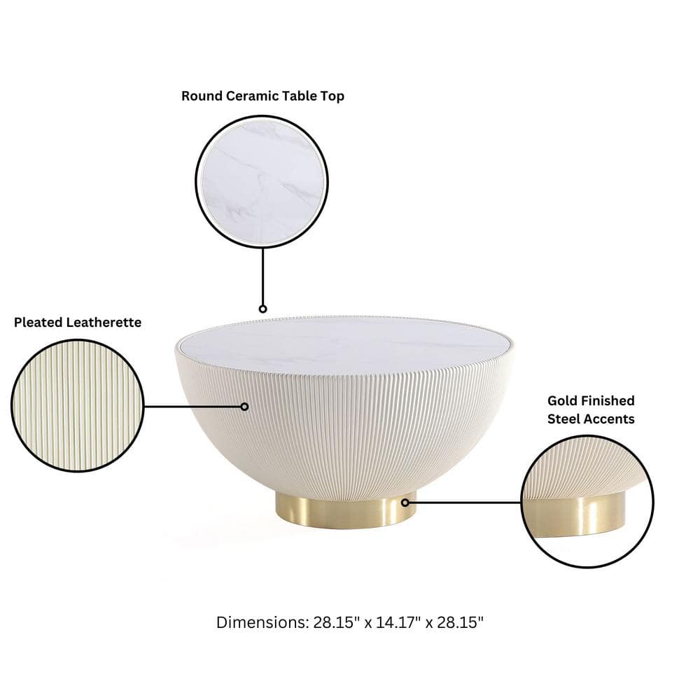 Cream Round Coffee Table with Faux Marble Top and Gold Base