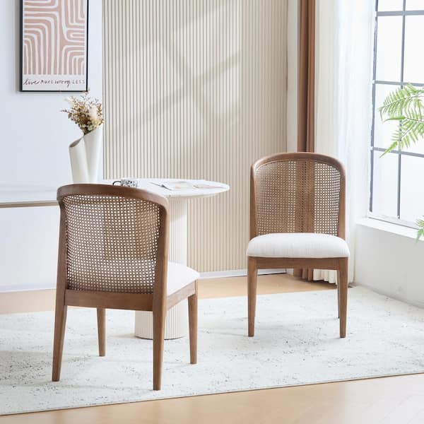 Quintra Upholstered Cane Webbing Dining Chairs, Rubberwood, White + Walnut, Set of 2