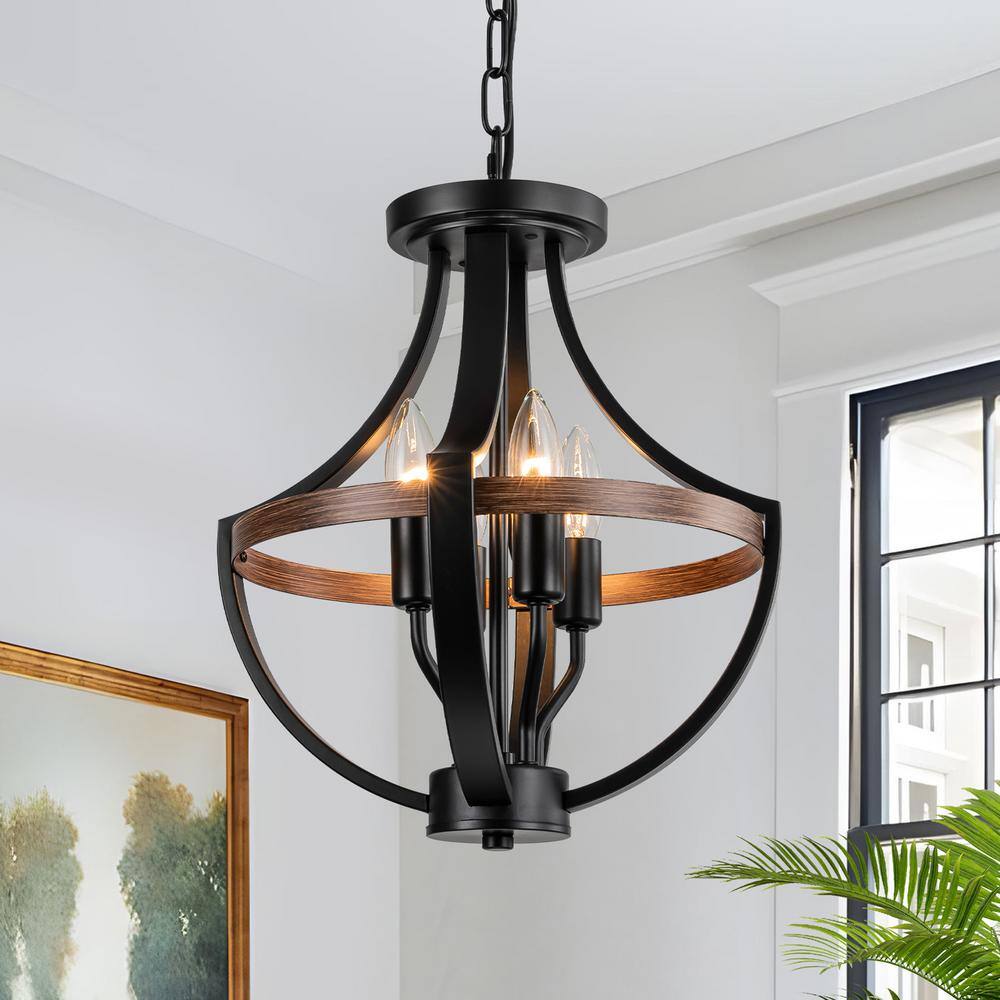 4-Light Rustic Matte Black and Brown Geometric Hanging Pendant Light Black 