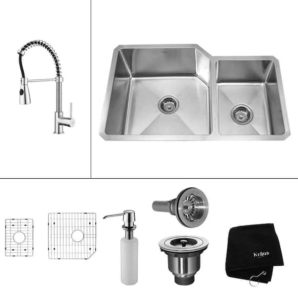 KRAUS All-in-One Undermount Stainless Steel 32 in. Double Basin Kitchen Sink with Faucet and Accessories in Chrome