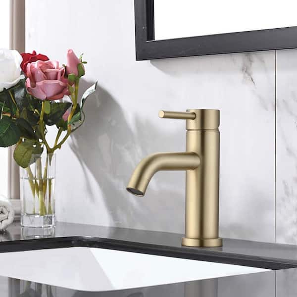 Single Handle Single Hole Bathroom Faucet with Deck Plate and Drain Kit in Brushed Gold