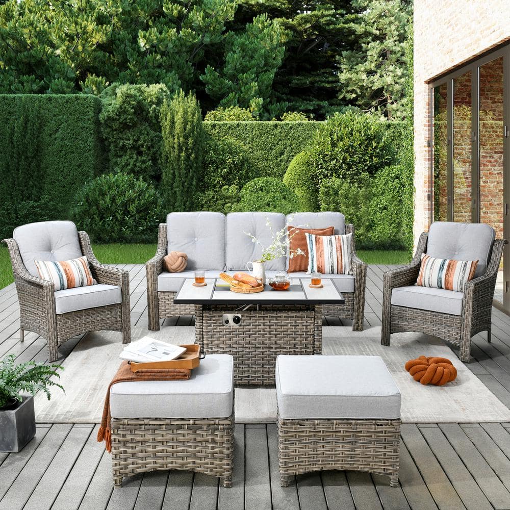 Tulip C Gray 6-Piece Wicker Patio Rectangular Fire Pit Conversation Sofa Set with Gray Cushions price history on PriceWatchPro