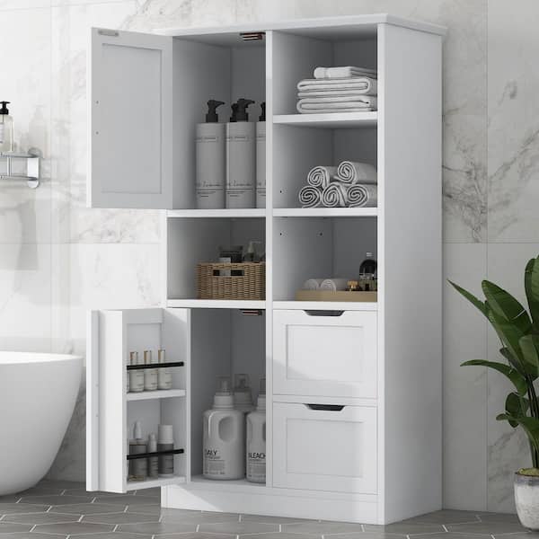 Unbranded Modern 31 in. W x 16 in. D x 62 in. H White Tall Bathroom Storage Linen Cabinet with Doors and Drawers, Open Shelves