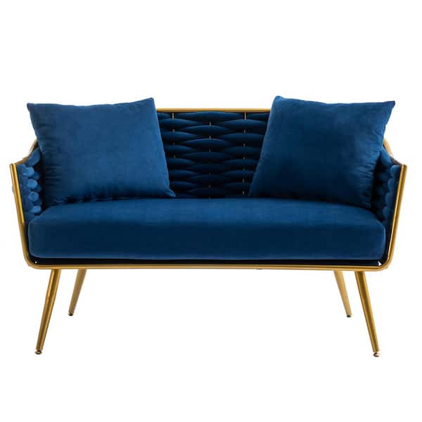 HOMEFUN Modern Upholstered Navy Blue Velvet Tufted Loveseat with Metal Legs