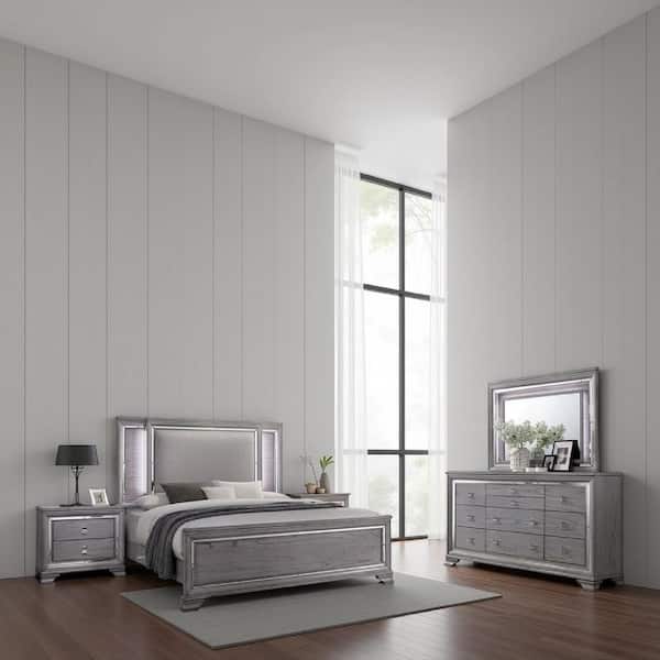 Sera 4-Piece Light Gray Queen Wood Bedroom Set