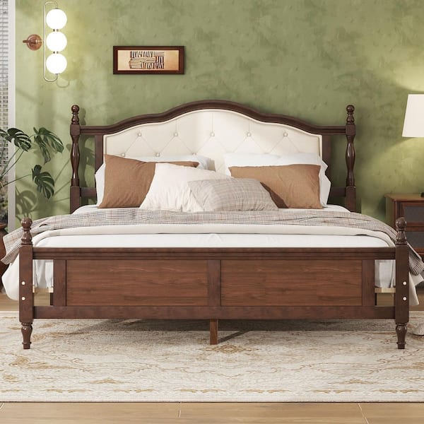 Light Brown Wood Frame Queen Platform Bed with Upholstered Headboard and Panel Footboard