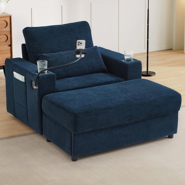 XZYDNJ 42.5 in. Straight Arm Chenille Rectangle Sofa with Convertible & Cup Holder & Storage & USB Port in Midnight Blue