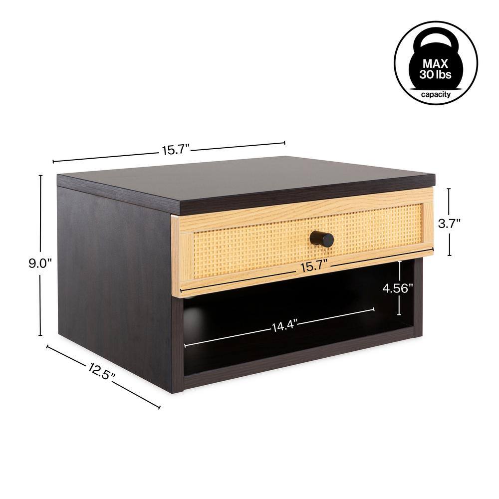 Celerie Black and Light Oak Floating Nightstand with Rattan Drawer