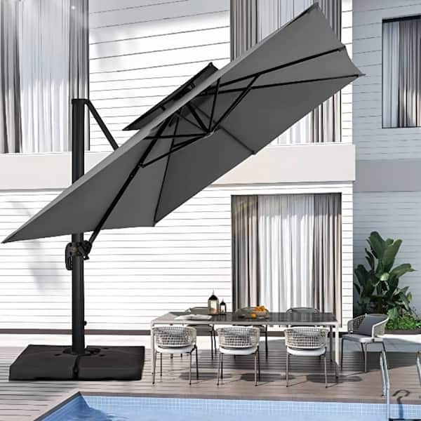 12 ft. x 12 ft. Square Two-Tier Top Rotation Outdoor Cantilever Patio Umbrella with Cover in Gray