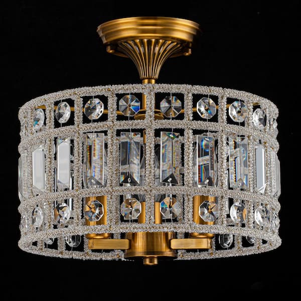 10 in. 3-Light Drum Antique Brass Semi-Flush Mount for Foyer Bedroom Dinning Room