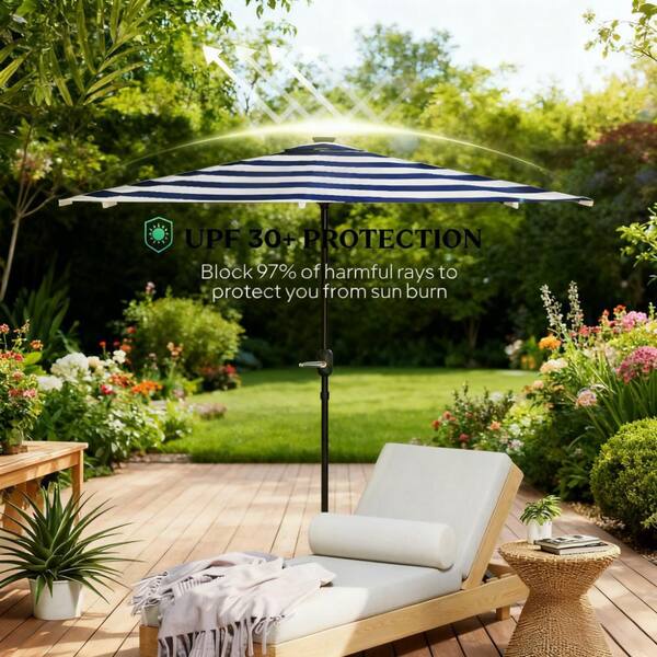deluxe patio umbrellas vrienden Umbrella with Lights – Palmerhenley Allure Series Its broad canopy provides Give your Coleman CC100X Fabric:O'bravia Providence Navy Stripe