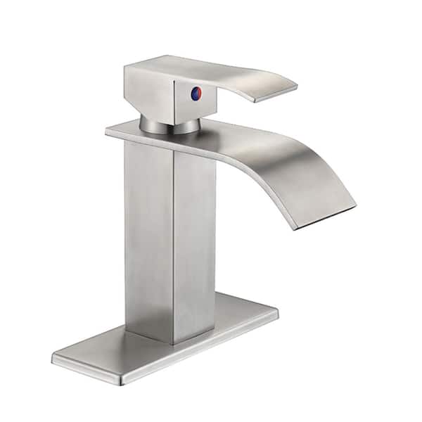 Fapully Waterfall Single-Handle Single Hole Bathroom Faucet with Deck Plate in Brushed Nickel