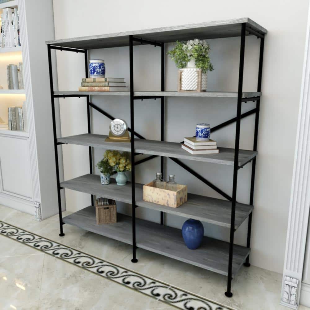 Modern Industrial 60" Gray and Black 4-Tier Bookshelf