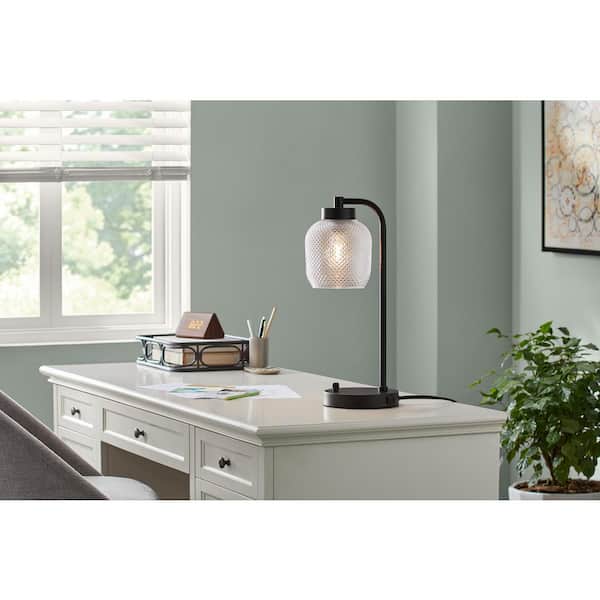 Hampton Bay Brace 17.75 in. Black Modern Task and Reading Desk Lamp with AC Outlet and Prismatic Glass Shade