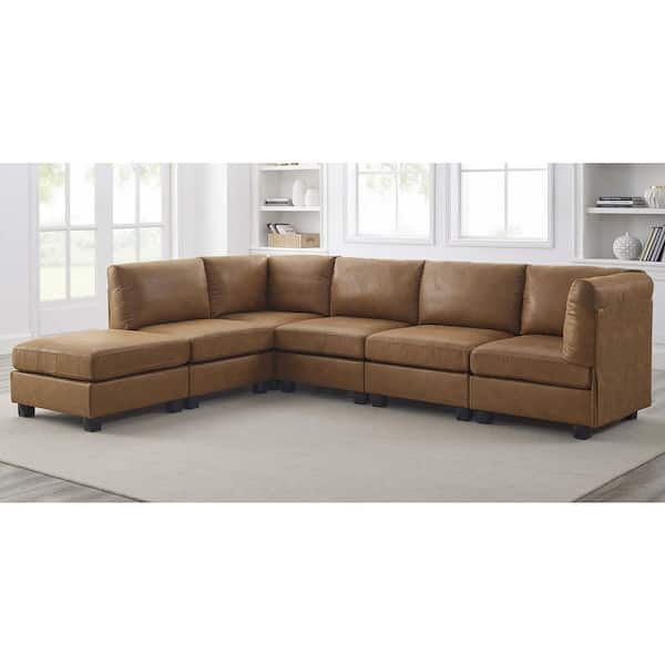 Nina Modern 120 in. 6-Piece Faux Leather Modular Sectional Sofa in. Brown with Ottoman Removable Cushions