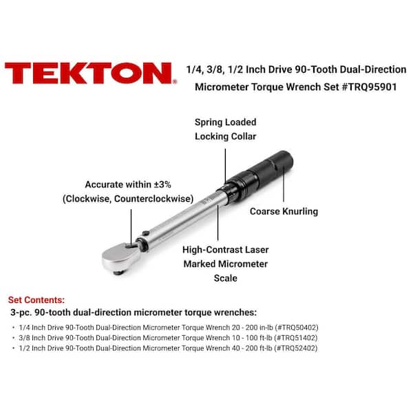 1/4,3/8,1/2 Inch Drive Dual-Direction Micrometer Torque Wrench Set, 3-Piece (20-200 in-lb, 10-100 ft-lb, 40-200 ft-lb)