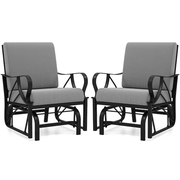 2 Pcs Metal Outdoor Glider Chair Smooth Rocking Single Chair with Thick Gray Cushions and Heavy-Duty Metal Frame
