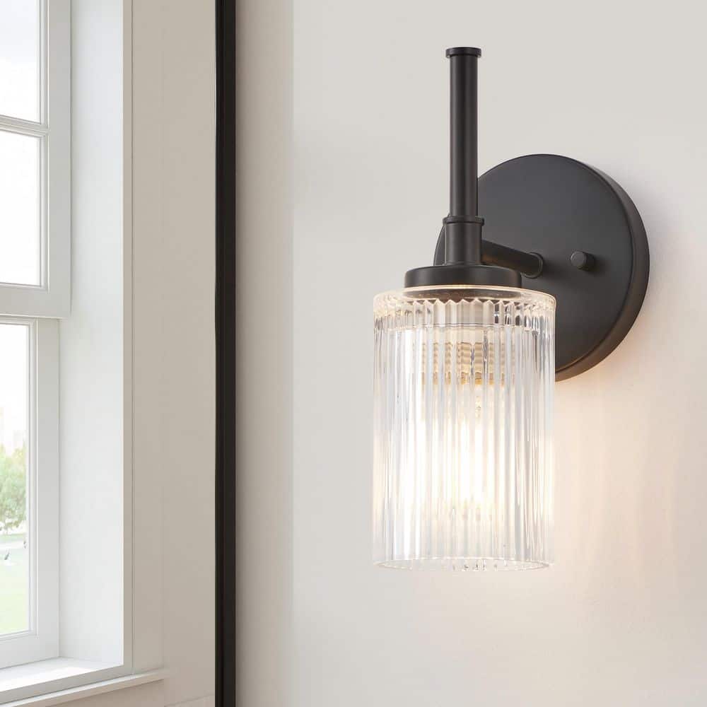 KAWOTI 11.5 in. 1-Light Black Wall Sconces with Clear Ribbed Glass Shades and Decorative Tube 21437