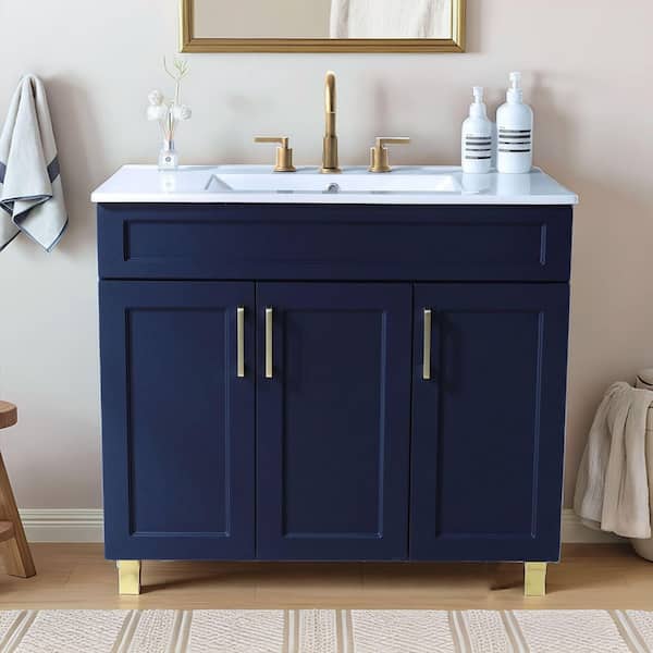 36 in. W x 18 in. D x 32 in. H. Modern Bathroom Vanity in Blue with White Ceramic Sink Top