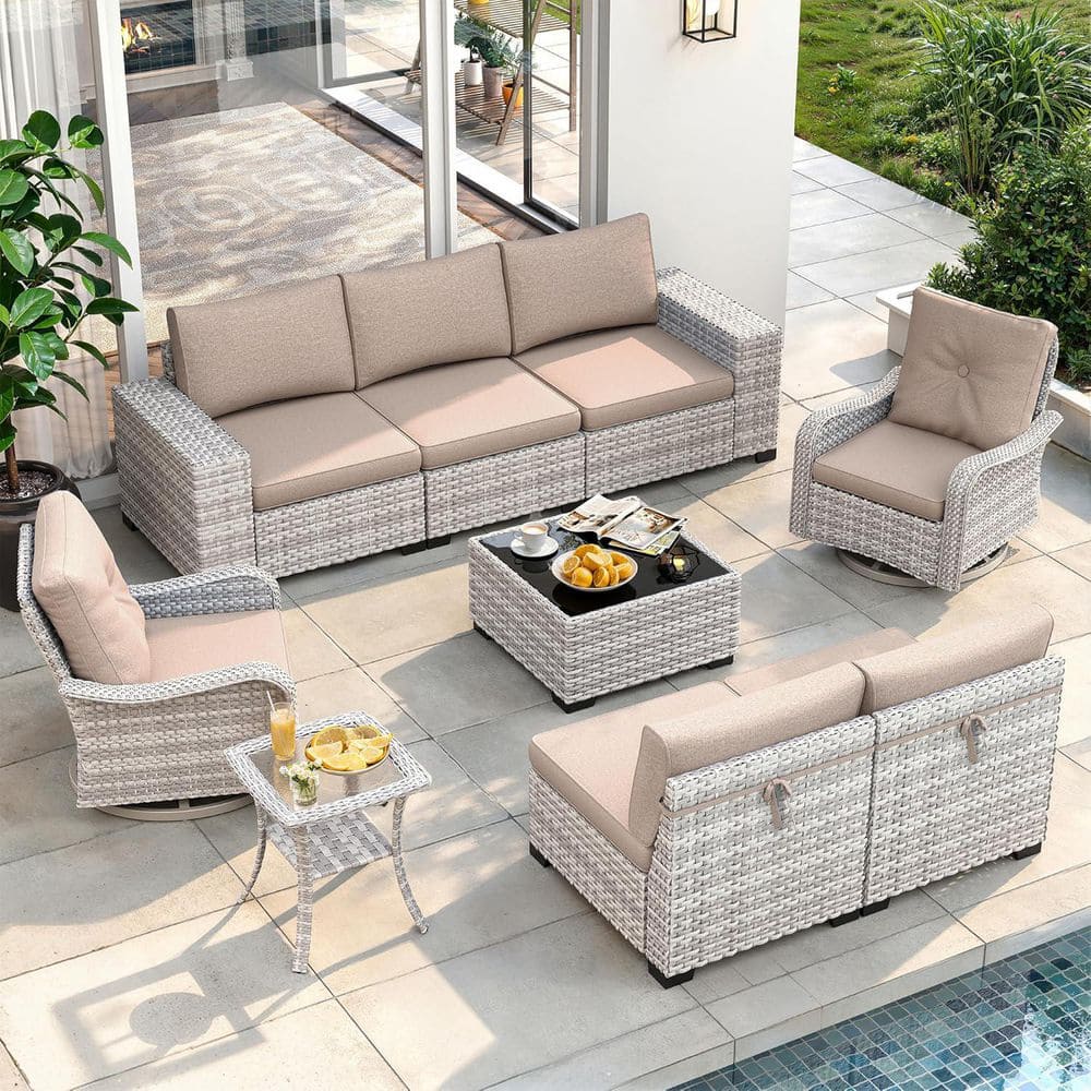 9-Piece All-Weather PE Rattan Outdoor Sectional Set with 7-Seats and 4 in. Thickened Turquoise Beige Cushions price history on PriceWatchPro