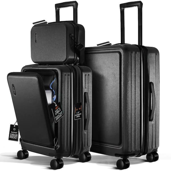 3-Piece Black Hard Carry-On Weekender Luggage Set Expandable Spinner Airline Approved Suitcase Exterior USB port