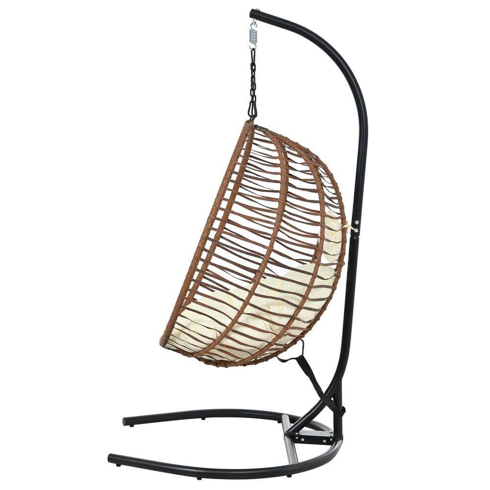 Brown Folding Egg Chair Single Person HDPE Wicker Patio Swing with Beige Cushions price history on PriceWatchPro