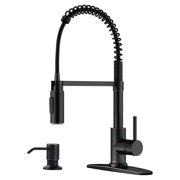 Tahanbath Single Handle Deck Mount Pull Down Sprayer Kitchen Faucet with Deck Plate and Soap Dispenser in Oil Rubbed Bronze