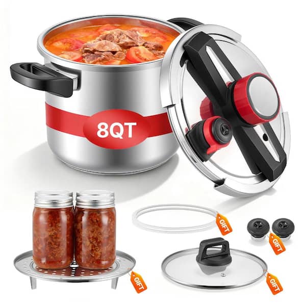8 Qt Stainless Steel Pressure Cooker with Steaming Rack and Glass Lid, Three Pressure Settings