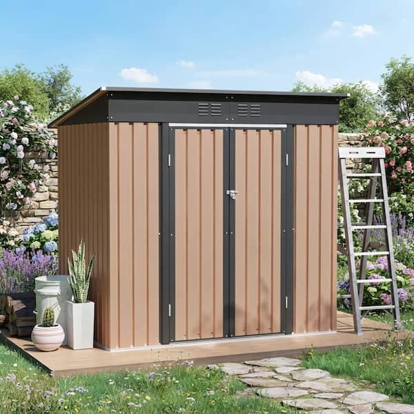 Brown 6 ft. W x 4 ft. D All-Weather Metal Garden Shed with Hinge Door Pent Roof, Storage Shed for Backyard (24 sq. ft.)