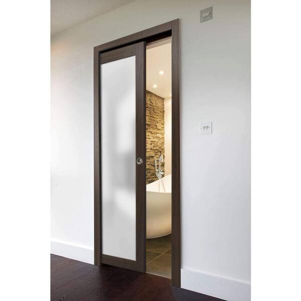 18 in. x 96 in. 1-Panel Grey Finished Solid Wood Sliding Door with Pocket Hardware