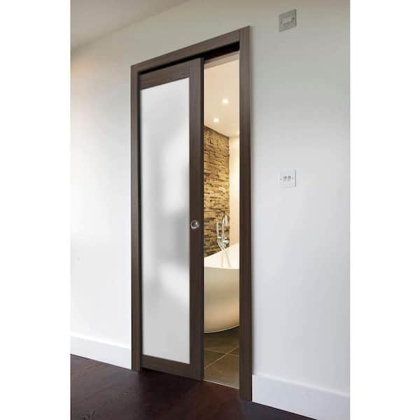 42 in. x 96 in. 1-Panel Grey Finished Solid Wood Sliding Door with Pocket Hardware