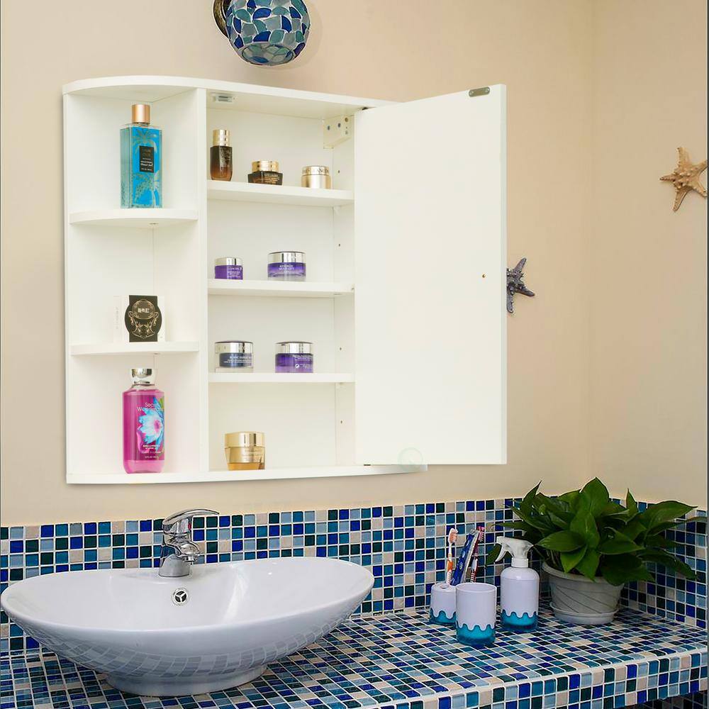 White Wall Mounted Mirrored Medicine Cabinet with Open Shelves