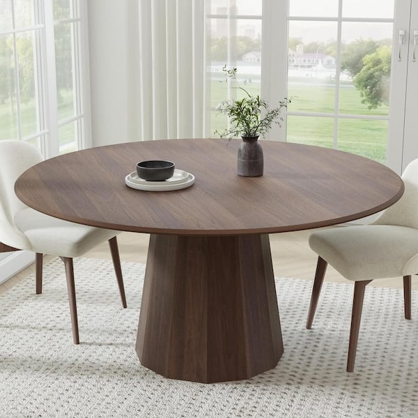 Dovelina 60 in. Natural Oak Wood Walnut Color Column Pedestal Round Kitchen Table Dining Table Seats 6